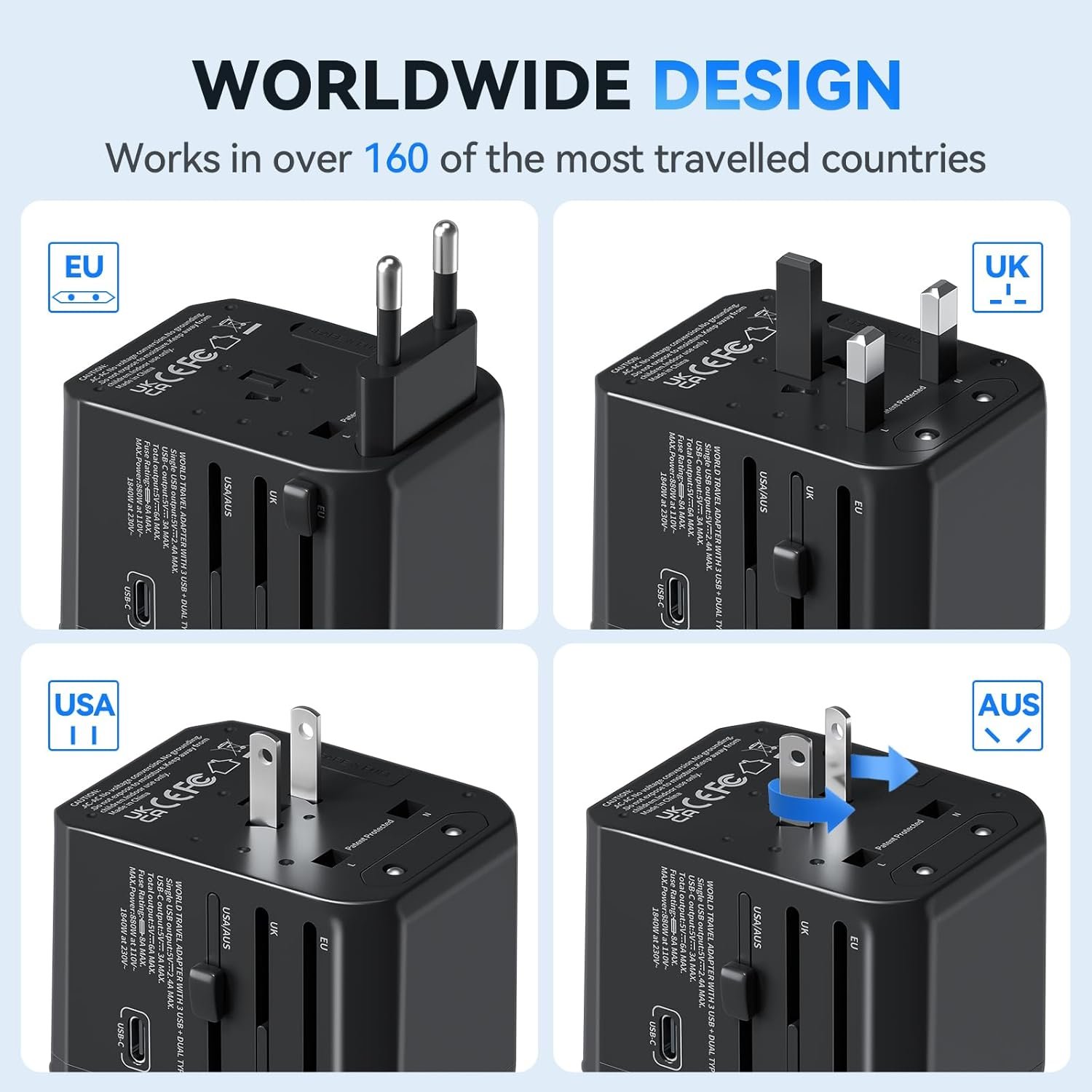 International Power Plug Adapter, Unidapt Universal Travel Adapter with 3 USB C and 2 USB A Ports, European Worldwide Wall Charger for EU UK AUS USA, Black