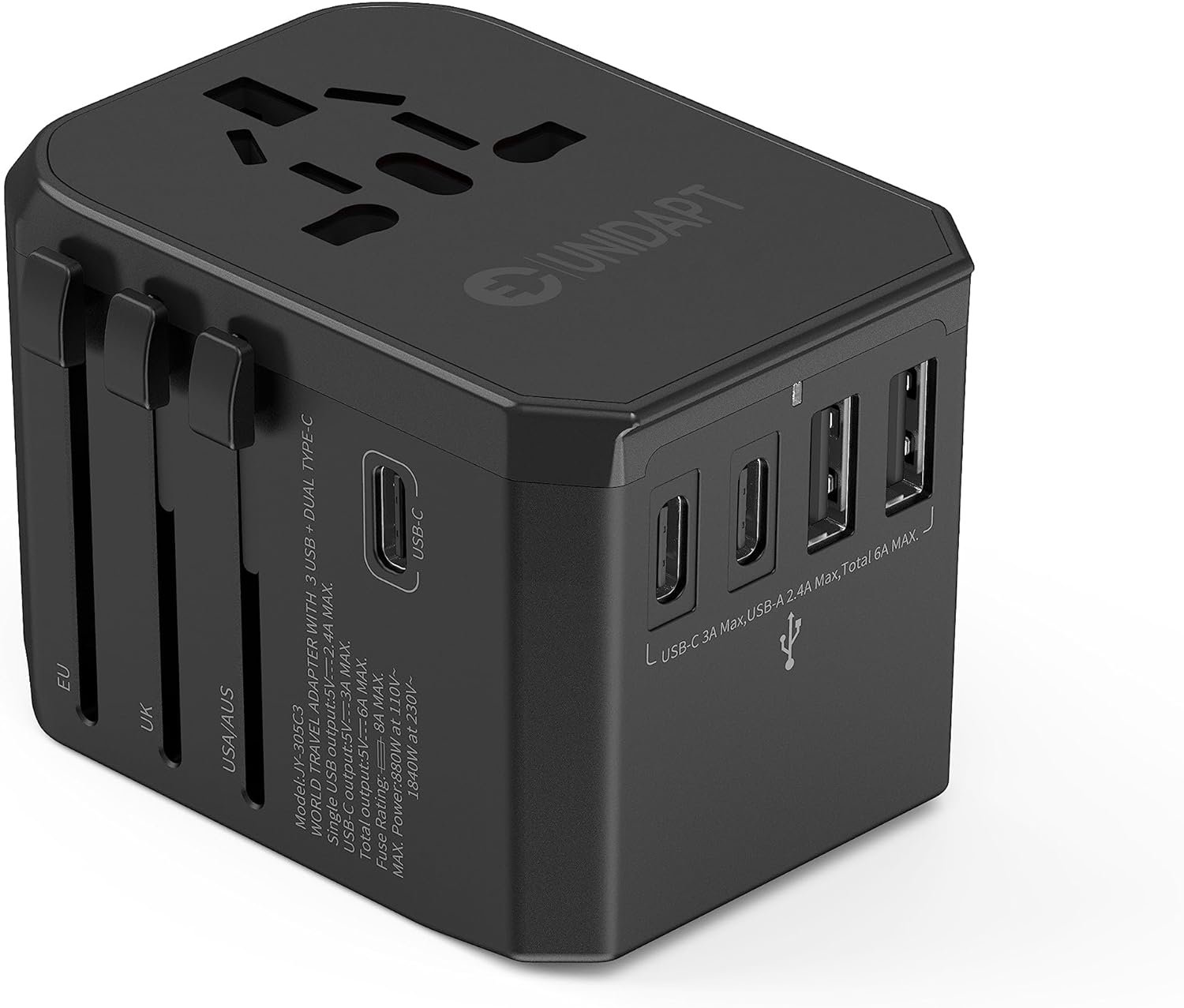 International Power Plug Adapter, Unidapt Universal Travel Adapter with 3 USB C and 2 USB A Ports, European Worldwide Wall Charger for EU UK AUS USA, Black