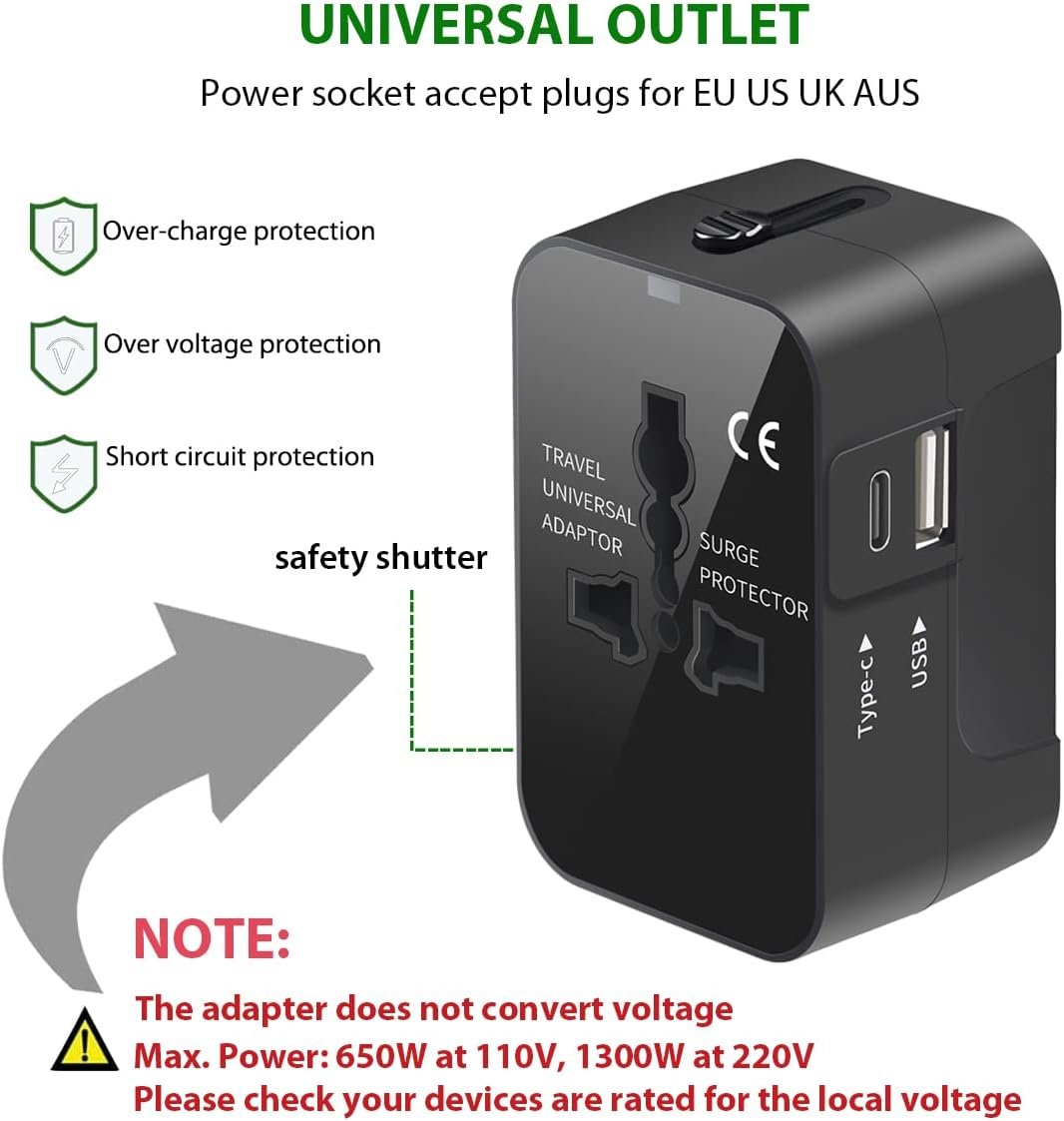 Universal Travel Adapter, All in One Plug Adapter with USB C, Worldwide Power Adapter USB Type C Port, International Wall Charger Foldable Plug Converter Outlet for Europe EU UK AUS (Type G/C/I/A)