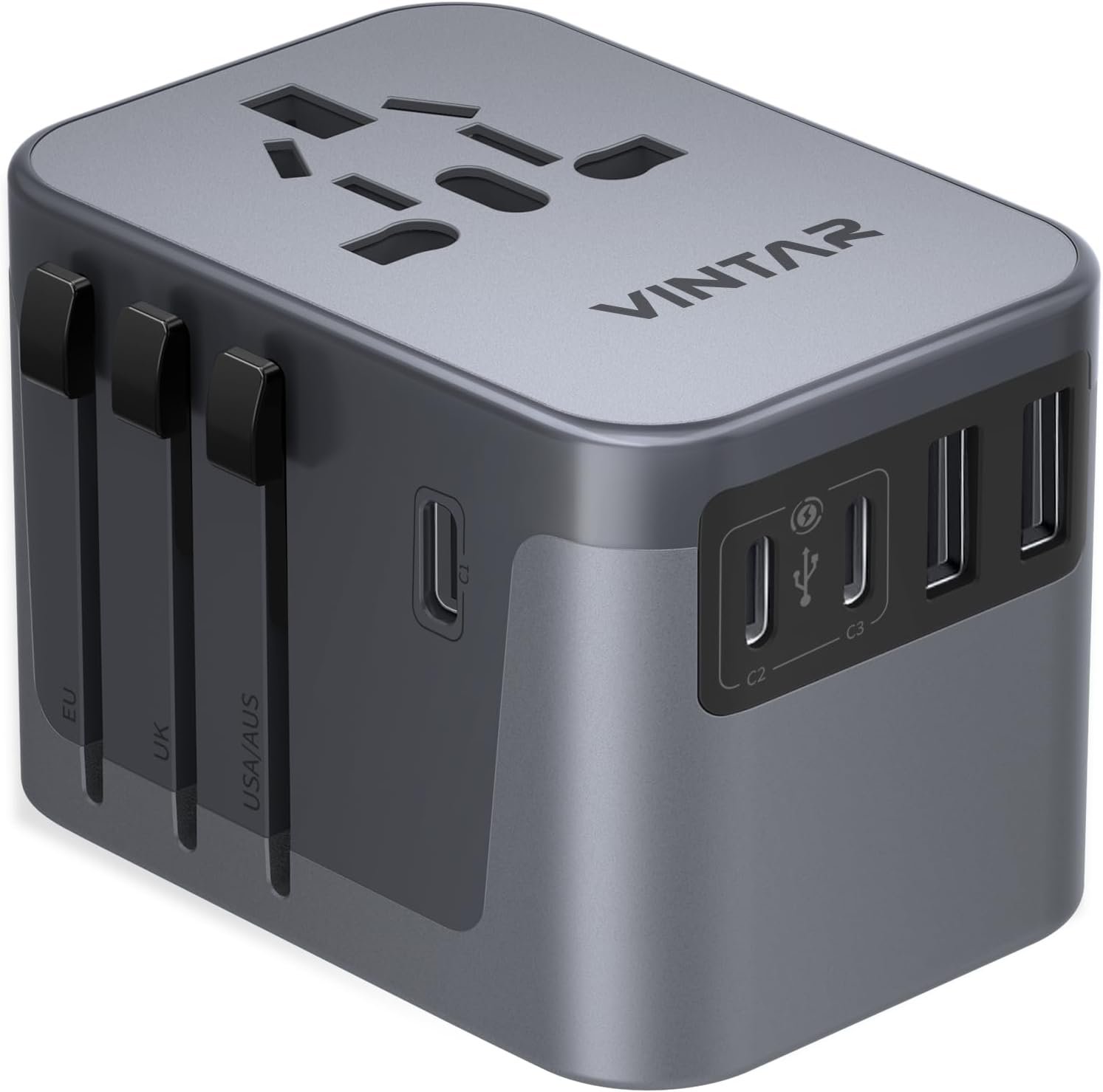 Universal Travel Adapter, VINTAR International Plug Adapter with 6A 3 USB C and 2 USB Ports, Travel Essentials Power Adapter, Worldwide All-in-One Outlet Converter for Europe UK USA AUS(Type C/G/A/I)