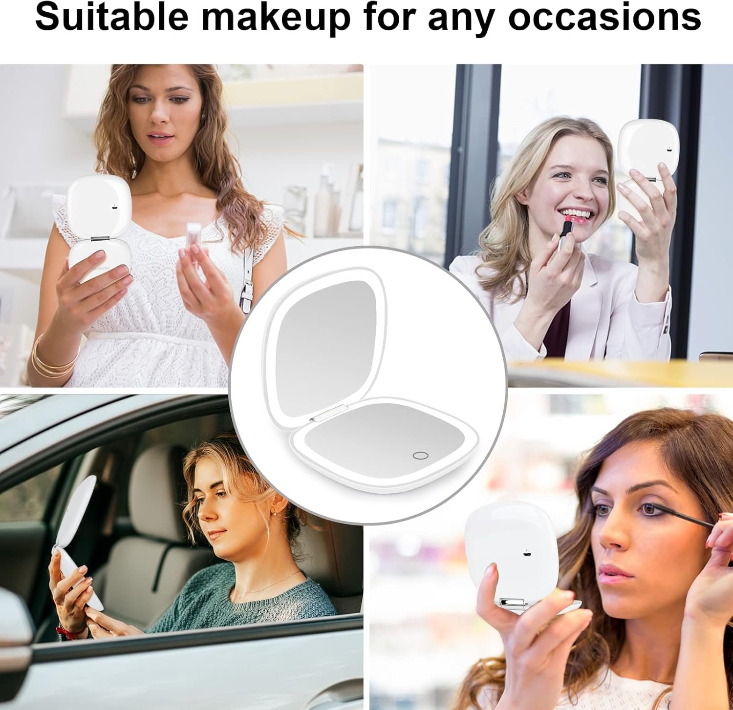 deweisn Compact Mirror, Lighted Travel Makeup Mirror with 1X/10X Magnifying Double Sided Dimmable Portable Pocket for Handbag and Pocket, USB Charging(White)
