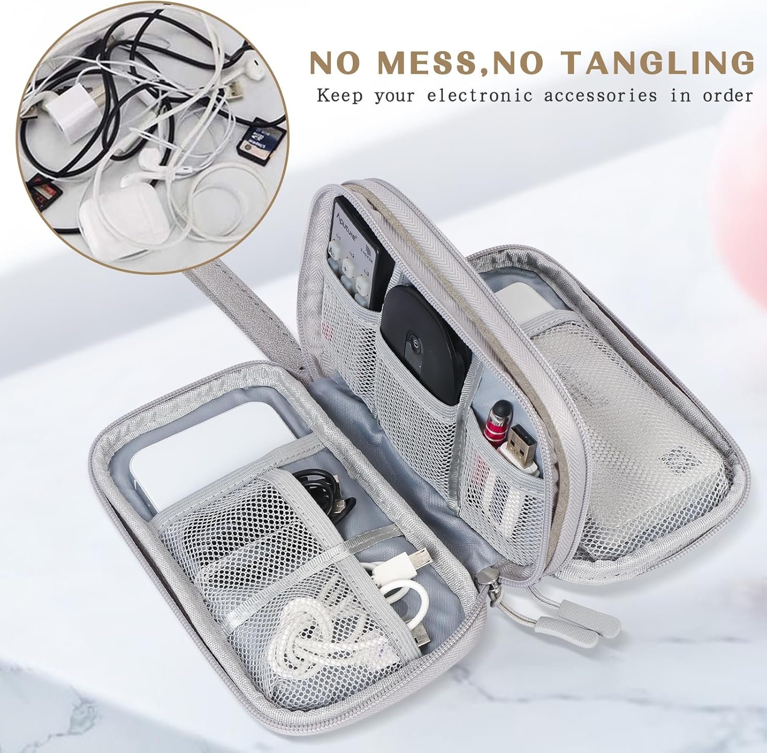 FYY Electronic Organizer, Travel Bag, Pouch, Carry Case Portable Waterproof Double Layers for Cable, Cord, Charger, Phone, Earphone Pink