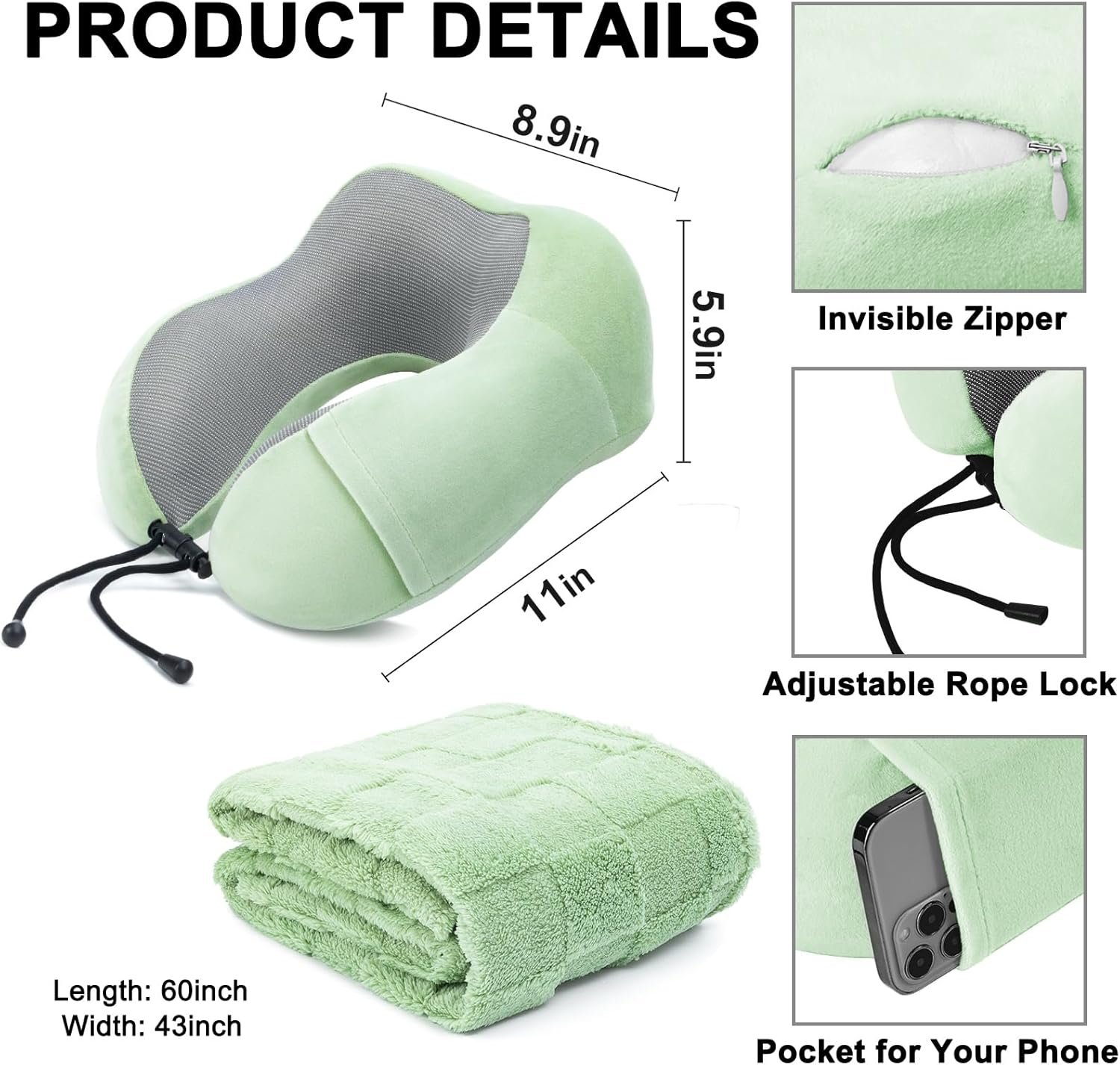Neck Pillow and Blanket Set Travel Pillows Travel Essentials for Airplane Grey