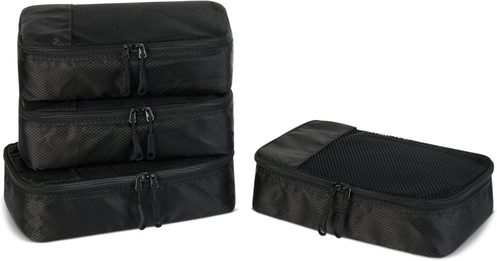 Amazon Essentials 4-Piece Packing Cubes Travel Accessories Set, Luggage Organizer with Double Zipper, Mesh Top, Space-Saving, Medium, Black (Previously Amazon Basics)