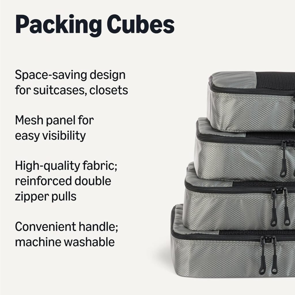 Amazon Essentials 4-Piece Packing Cubes Travel Accessories Set, Space-Saving Luggage Organizer with Double Zipper, Mesh Top Panel, Medium, Gray (Previously Amazon Basics) Amazon Essentials 4-Piece Packing Cubes Travel Accessories Set, Space-Saving Luggage Organizer with Double Zipper, Mesh Top Panel, Medium, Gray (Previously Amazon Basics)