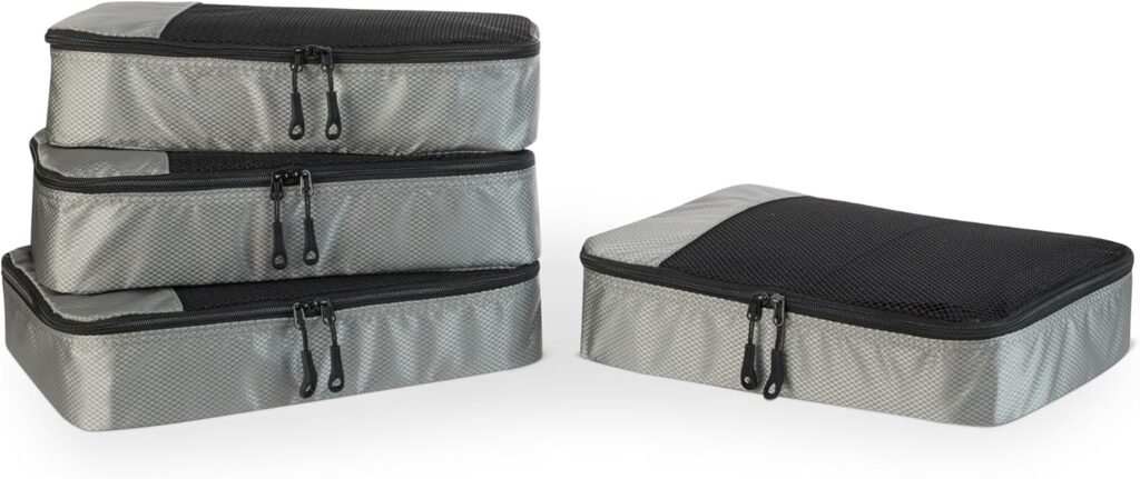 Amazon Essentials 4-Piece Packing Cubes Travel Accessories Set, Space-Saving Luggage Organizer with Double Zipper, Mesh Top Panel, Medium, Gray (Previously Amazon Basics) Amazon Essentials 4-Piece Packing Cubes Travel Accessories Set, Space-Saving Luggage Organizer with Double Zipper, Mesh Top Panel, Medium, Gray (Previously Amazon Basics)