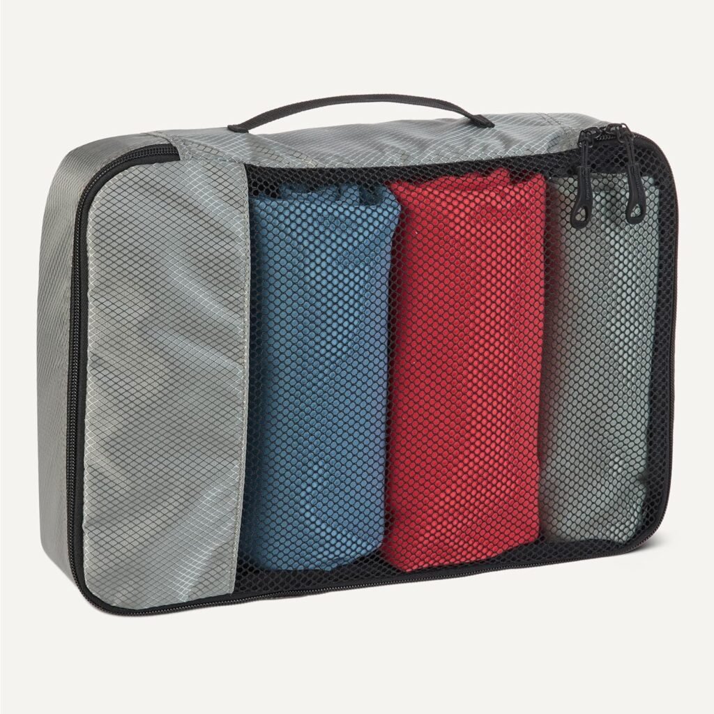 Amazon Essentials 4-Piece Packing Cubes Travel Accessories Set, Space-Saving Luggage Organizer with Double Zipper, Mesh Top Panel, Medium, Gray (Previously Amazon Basics) Amazon Essentials 4-Piece Packing Cubes Travel Accessories Set, Space-Saving Luggage Organizer with Double Zipper, Mesh Top Panel, Medium, Gray (Previously Amazon Basics)