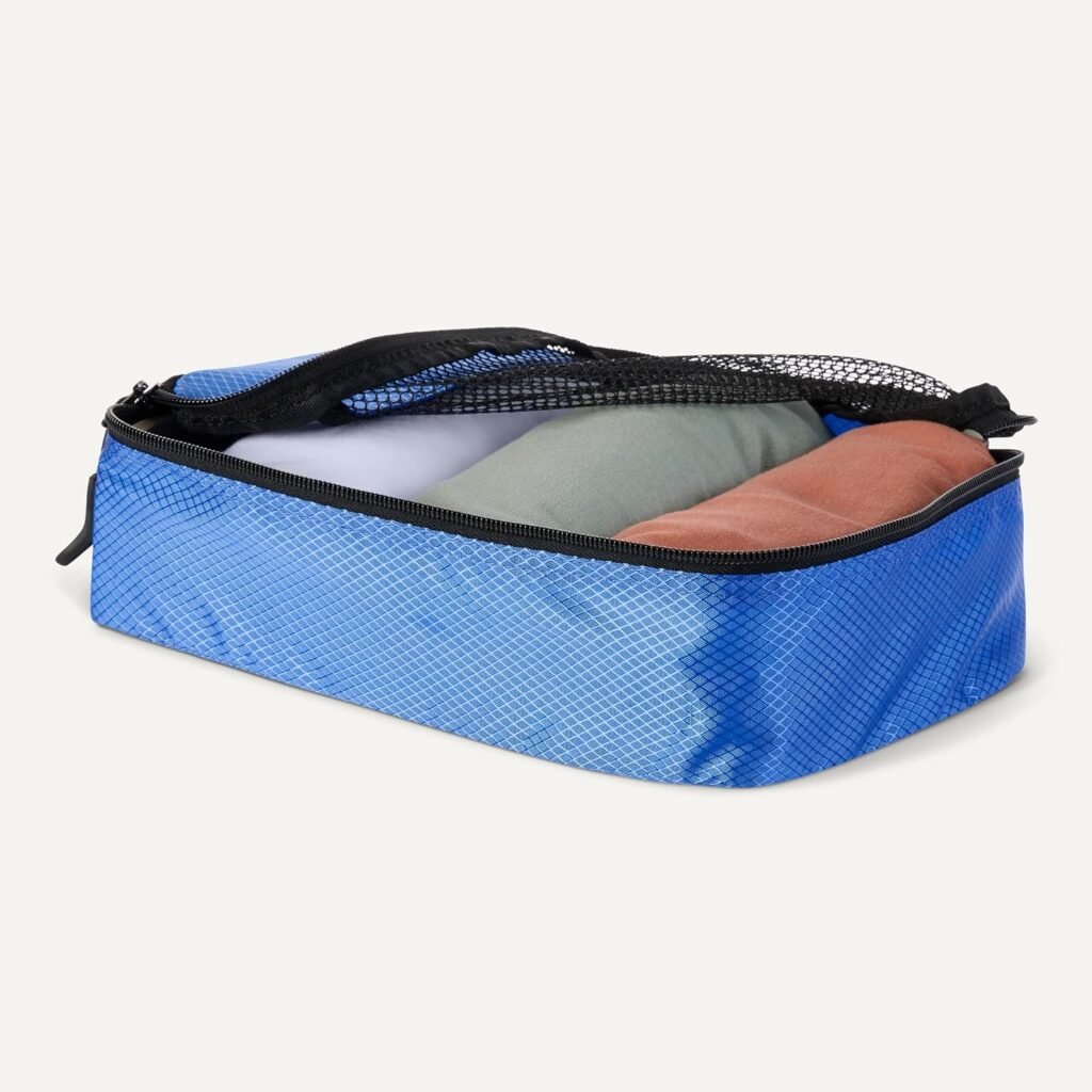 Amazon Essentials 4-Piece Packing Cubes Travel Accessories Set, Space-Saving Luggage Organizers with Double Zipper, Mesh Top, Small/Medium/Large/Slim, Blue (Previously Amazon Basics)