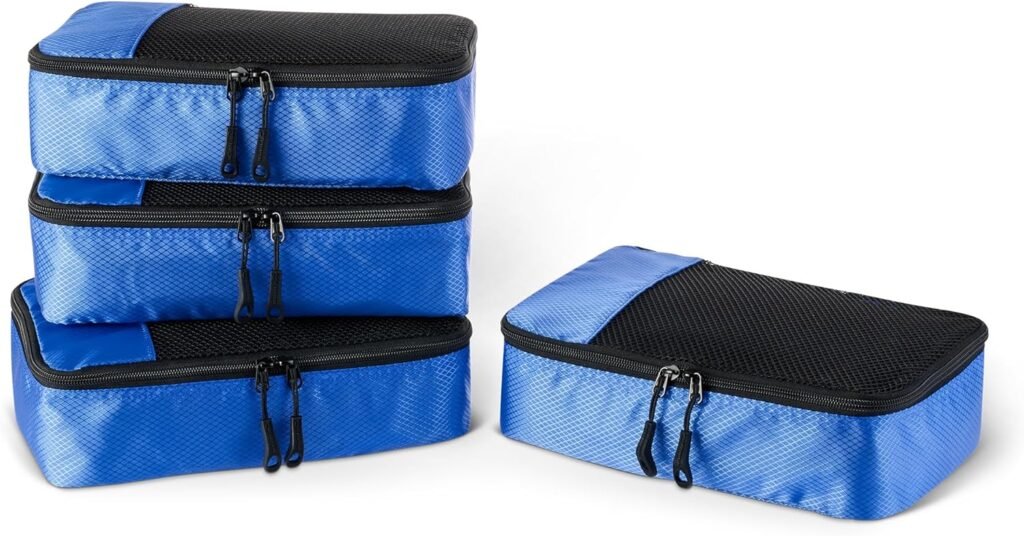 Amazon Essentials 4-Piece Packing Cubes Travel Accessories Set, Space-Saving Luggage Organizers with Double Zipper, Mesh Top, Small/Medium/Large/Slim, Blue (Previously Amazon Basics)