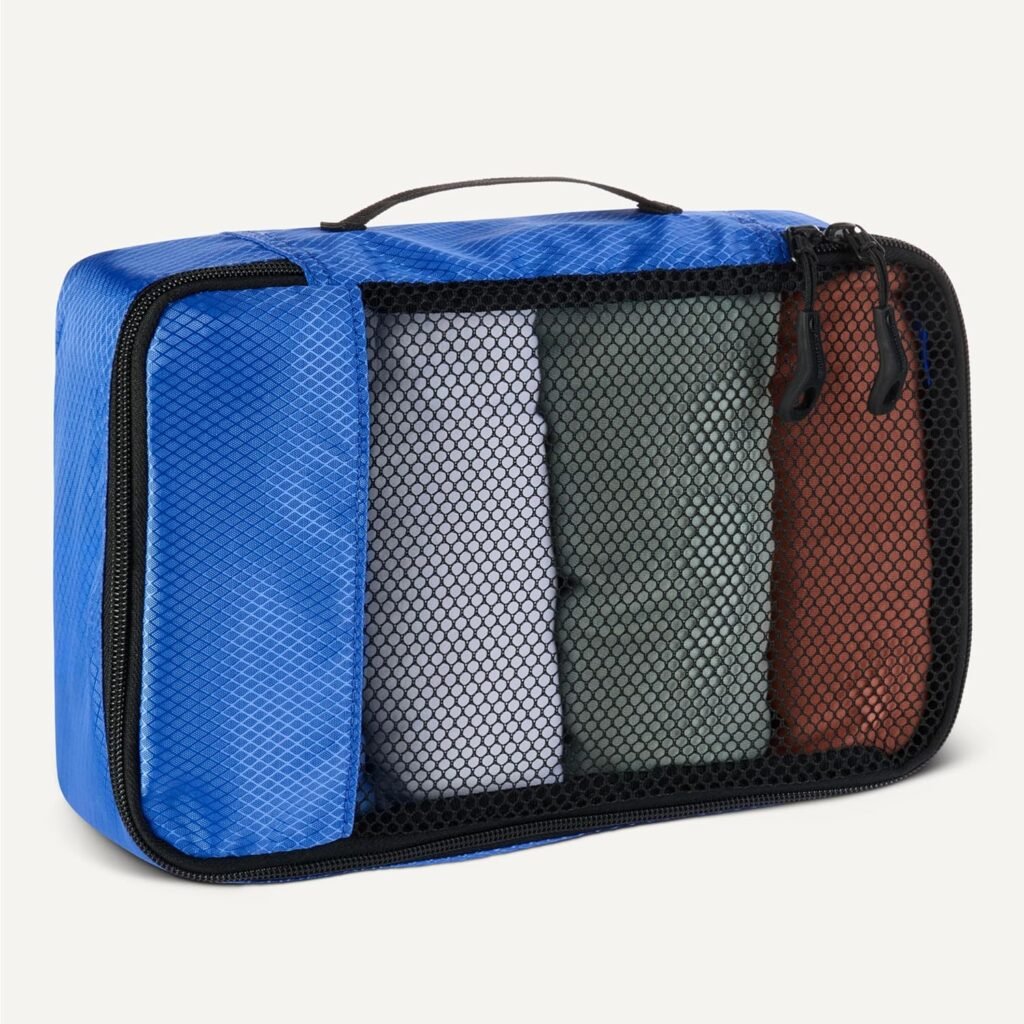 Amazon Essentials 4-Piece Packing Cubes Travel Accessories Set, Space-Saving Luggage Organizers with Double Zipper, Mesh Top, Small/Medium/Large/Slim, Blue (Previously Amazon Basics)
