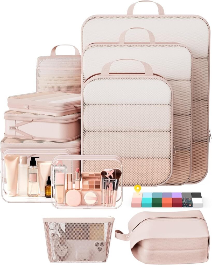 Veken 9/11 Set Compression Packing Cubes for Travel Essentials,Compressible Expandable Large Luggage Suitcase Organizer Bags for Clothing,Durable Space Saver Storage Bags with Toiletry Bags(Beige)