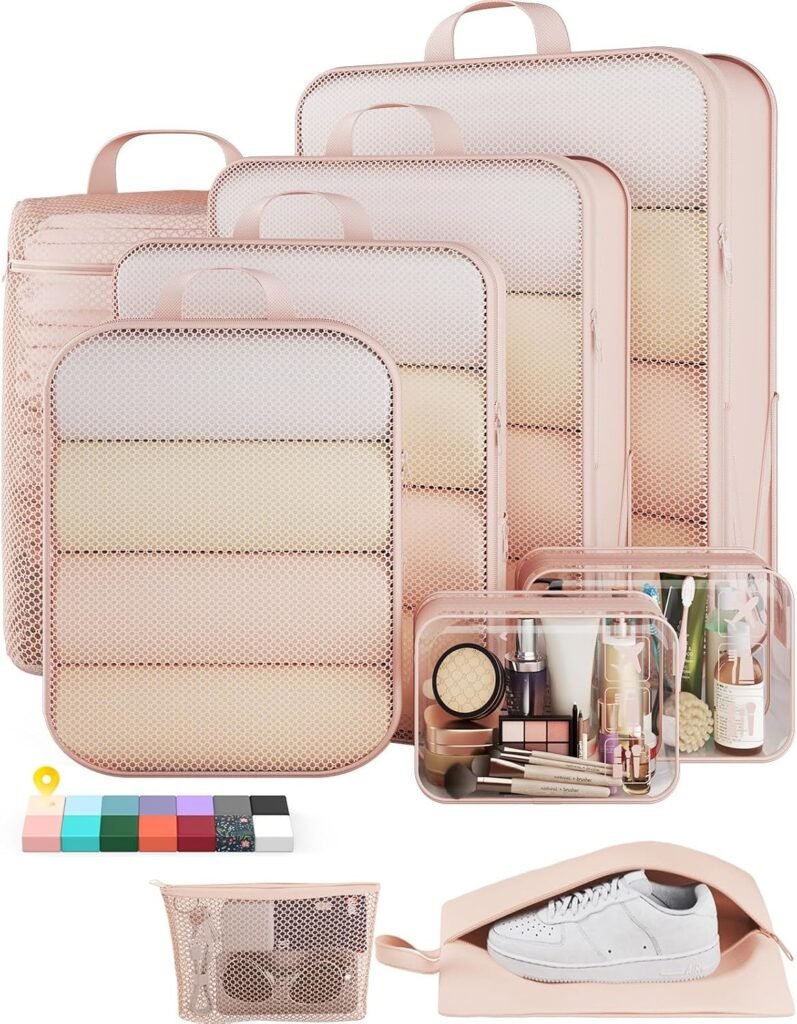 Veken 9/11 Set Compression Packing Cubes for Travel Essentials,Compressible Expandable Large Luggage Suitcase Organizer Bags for Clothing,Durable Space Saver Storage Bags with Toiletry Bags(Beige)